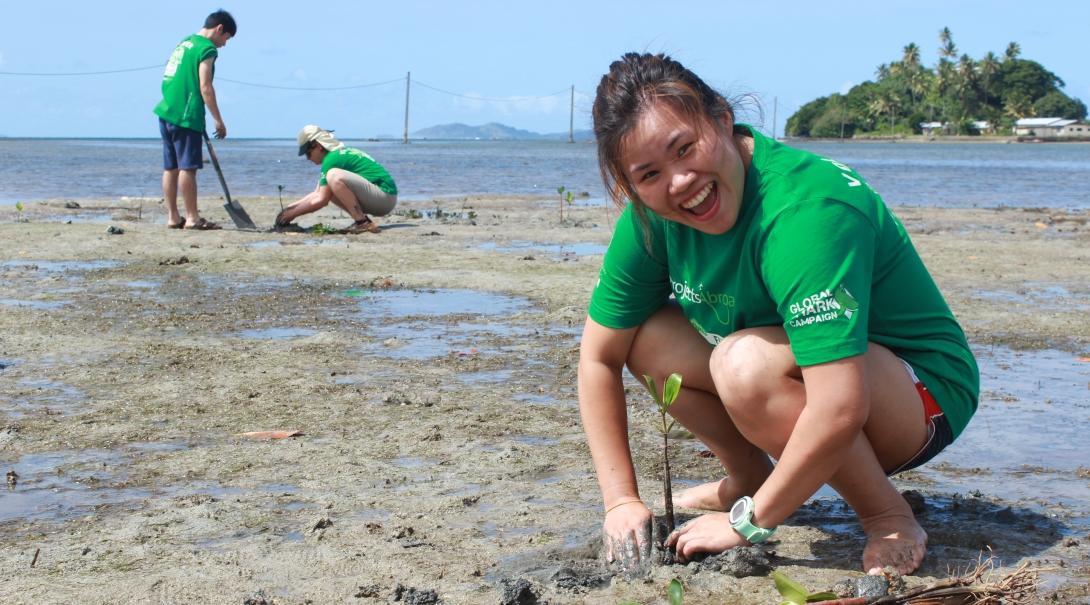 Voluntaria plantando manglares durante su voluntariado de conservación en el extranjero.