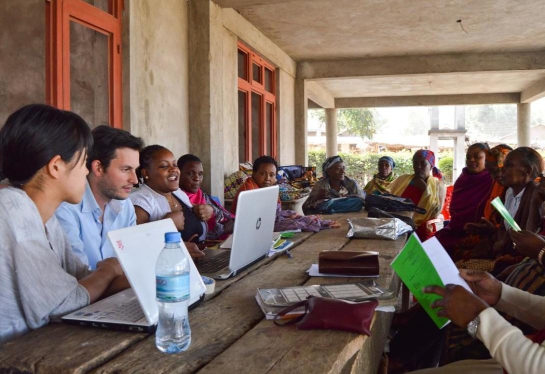 Microfinance volunteers working with local women