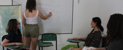 A small group of volunteers in Argentina learn and practice Spanish together.