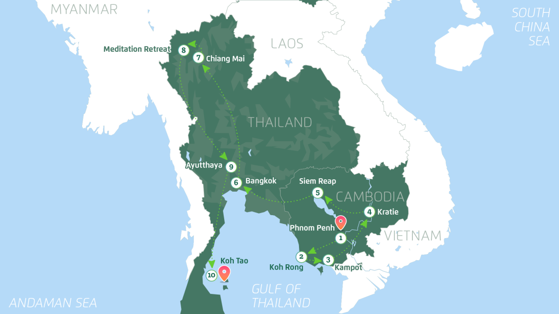 A map showing the full journey of the Cambodia and Thailand journey, including all 10 stops between Phnom Penh and Koh Tao 