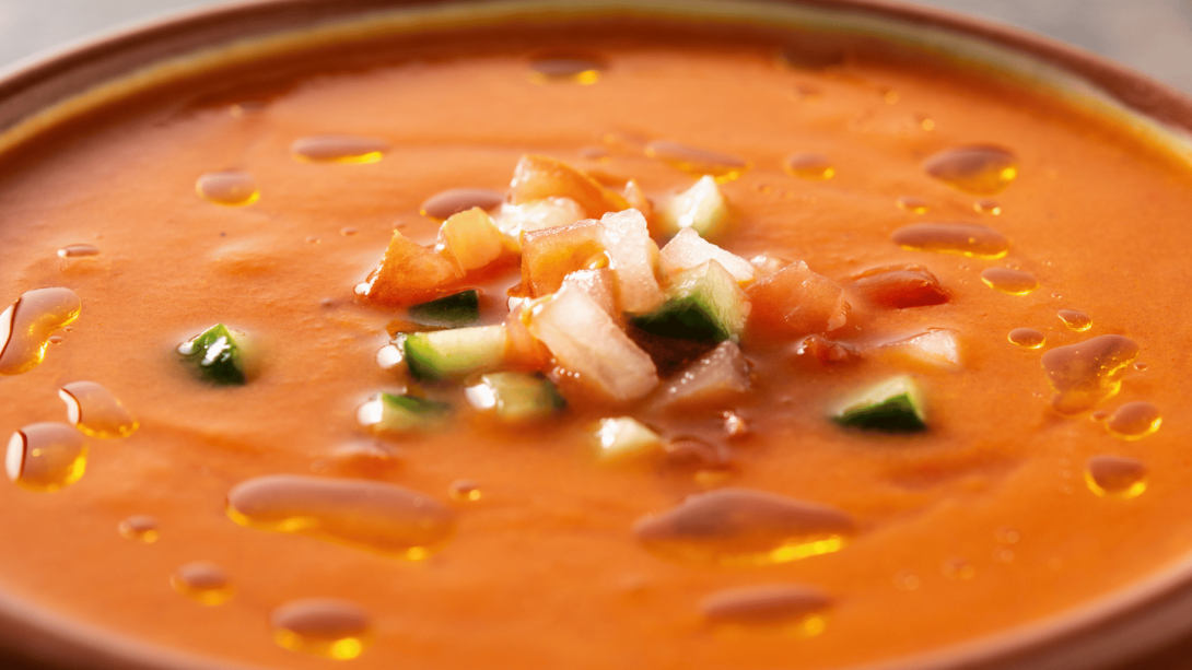 A bowl of Gazpacho, a Spanish soup served cold.