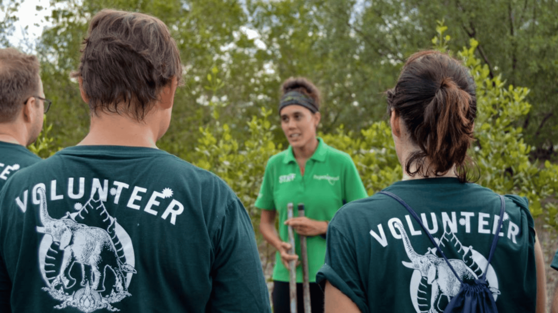 A group of Projects Abroad Conservation volunteers listen to a staff member explain an activity outdoors at their project. 